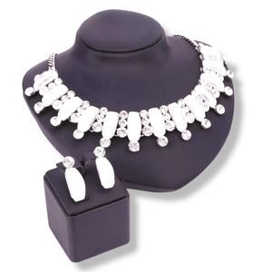 Silver plated white crystal necklace earrings set